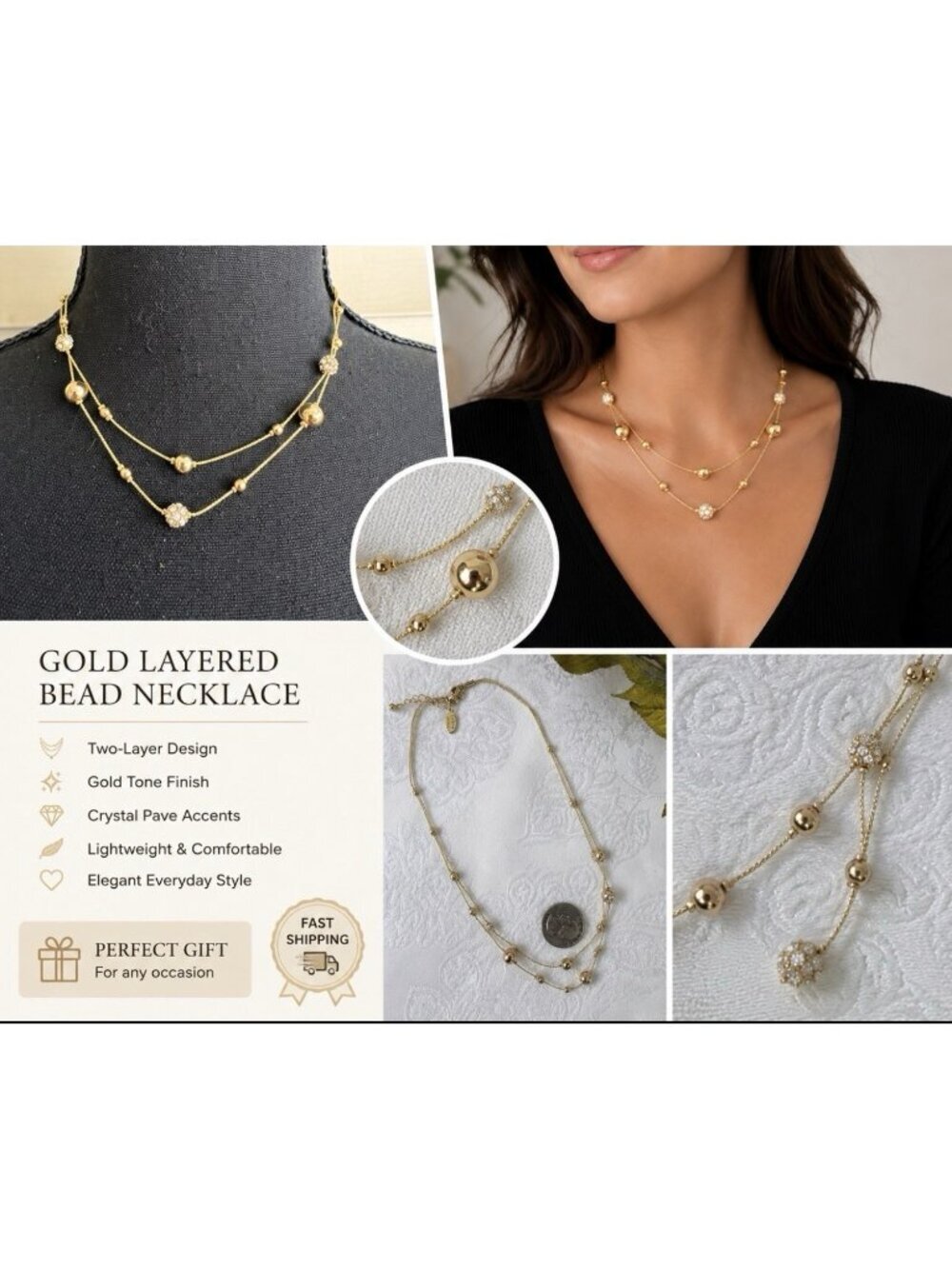 LOFT Ann Taylor 2 Chain Layered Golden Dainty CZ Bead Ball Necklace 17" NEW